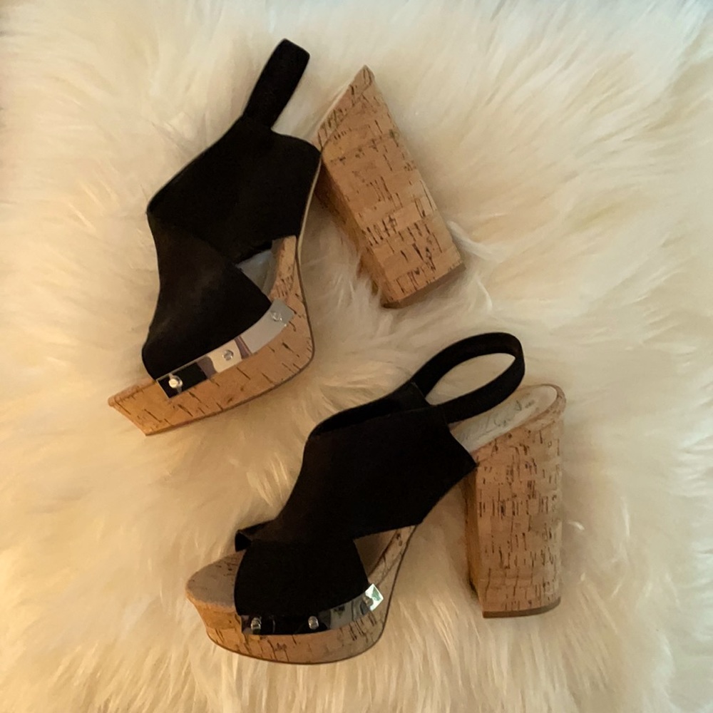 Black suede Fergie cork wedge heels, wore once.